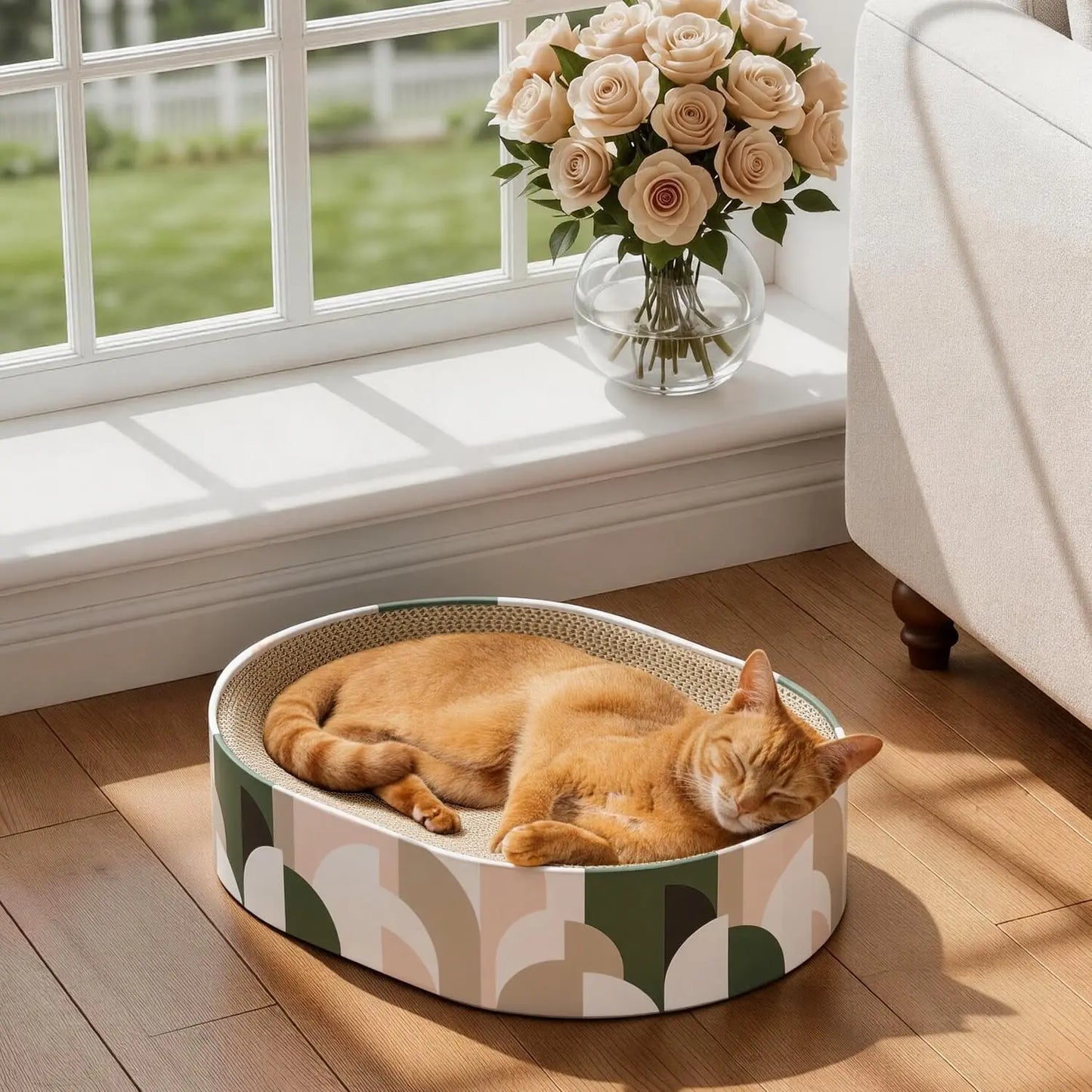 Conlun Cat Scratcher Bed, 2 in 1 Oval Cat Scratching Board Indoor Kitty Scratch Pad Corrugated Cardboard Lounge Bowl Nest Couch Sofas Kittens, Includes Cat Toy, Christmas