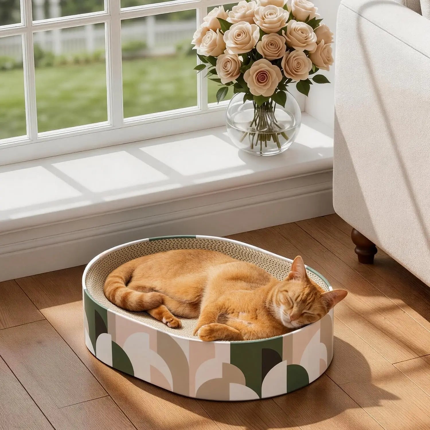 Conlun Cat Scratcher Bed, 2 in 1 Oval Cat Scratching Board Indoor Kitty Scratch Pad Corrugated Cardboard Lounge Bowl Nest Couch Sofas Kittens, Includes Cat Toy, Christmas