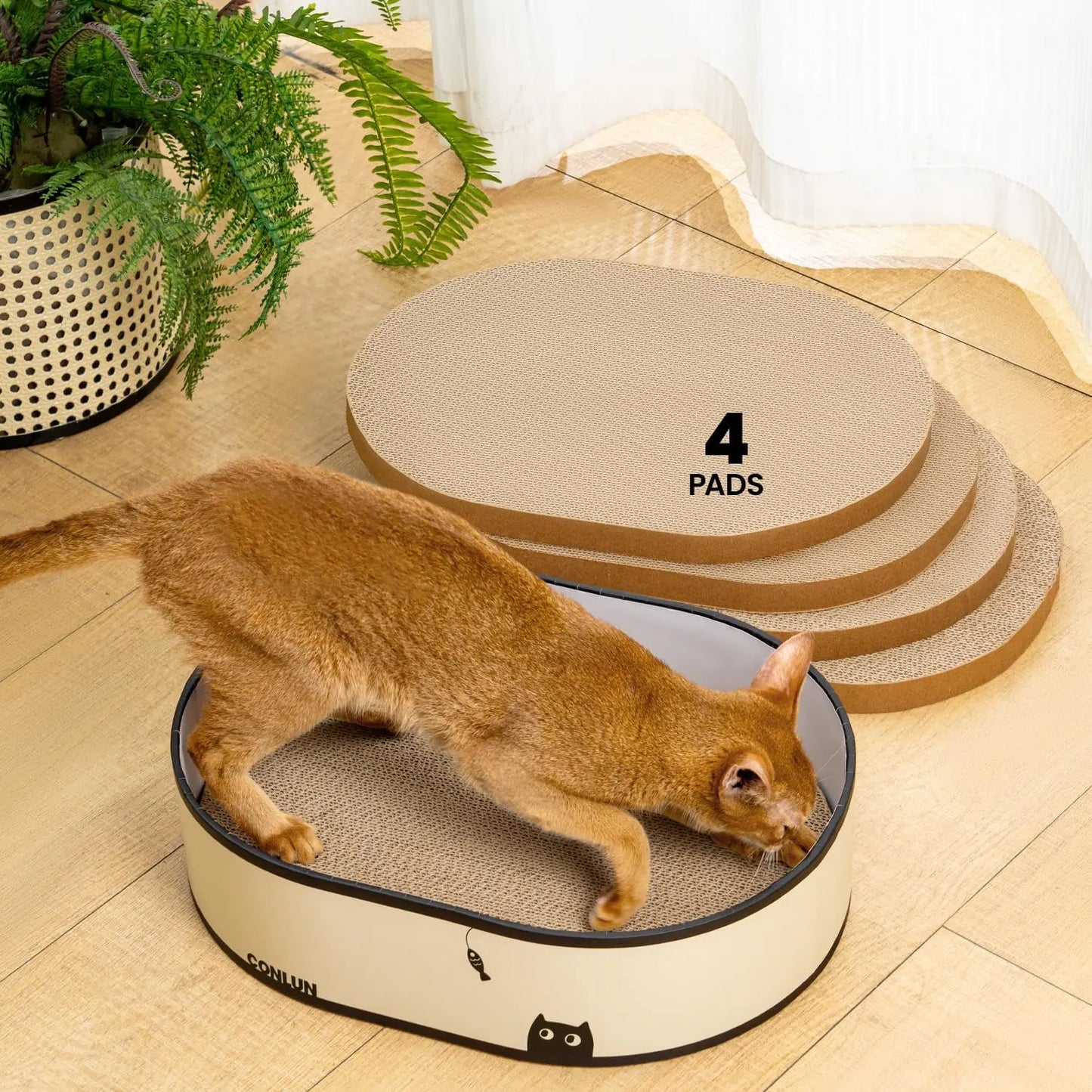 Conlun Cat Scratcher Bed, 2 in 1 Oval Cat Scratching Board Indoor Kitty Scratch Pad Corrugated Cardboard Lounge Bowl Nest Couch Sofas Kittens, Includes Cat Toy, Christmas