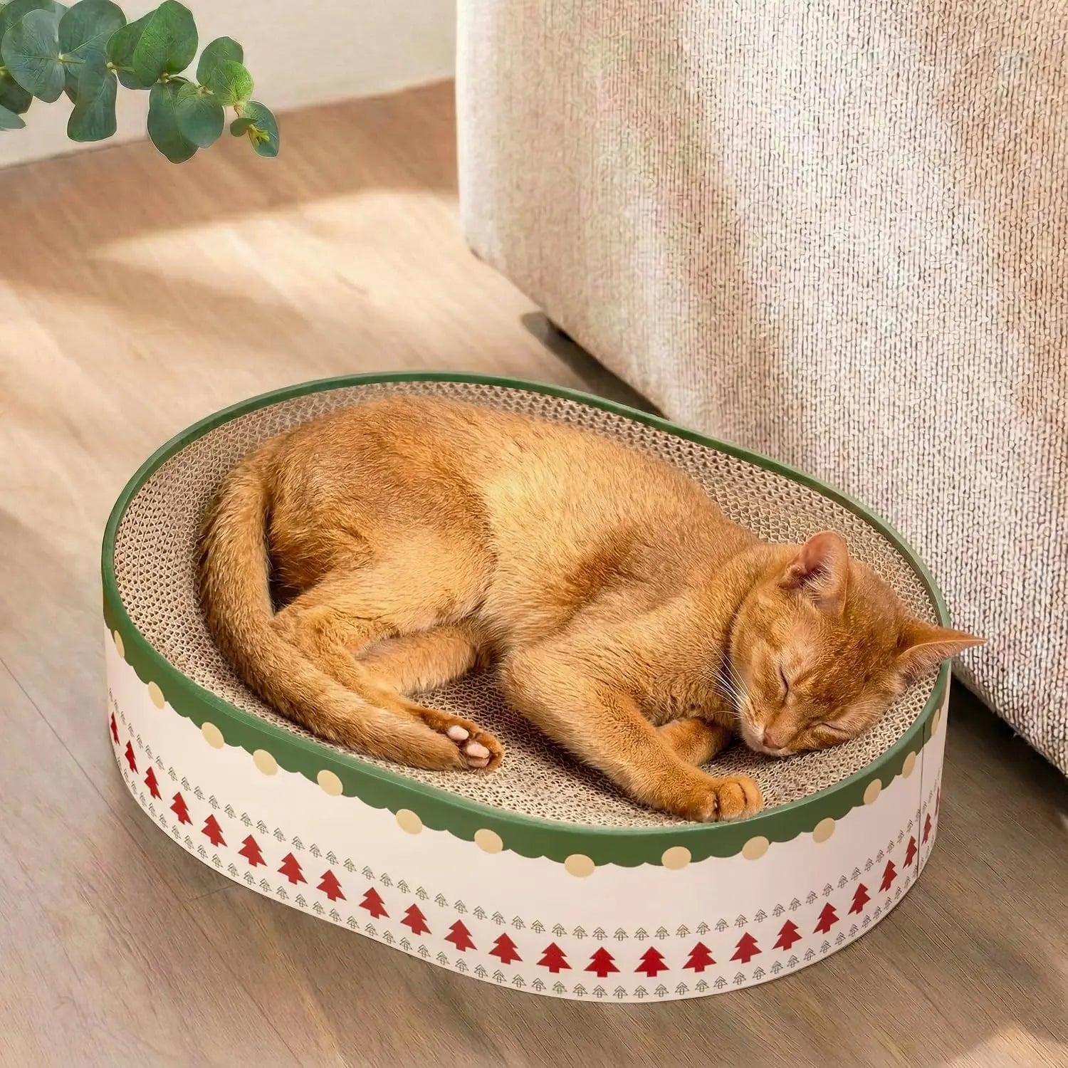 Conlun Cat Scratcher Bed, 2 in 1 Oval Cat Scratching Board Indoor Kitty Scratch Pad Corrugated Cardboard Lounge Bowl Nest Couch Sofas Kittens, Includes Cat Toy, Christmas