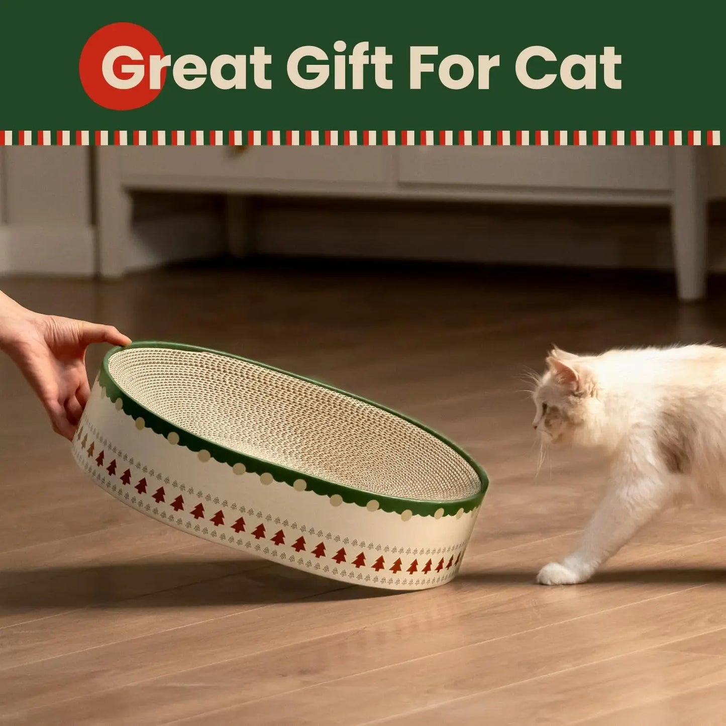 Conlun Cat Scratcher Bed, 2 in 1 Oval Cat Scratching Board Indoor Kitty Scratch Pad Corrugated Cardboard Lounge Bowl Nest Couch Sofas Kittens, Includes Cat Toy, Christmas