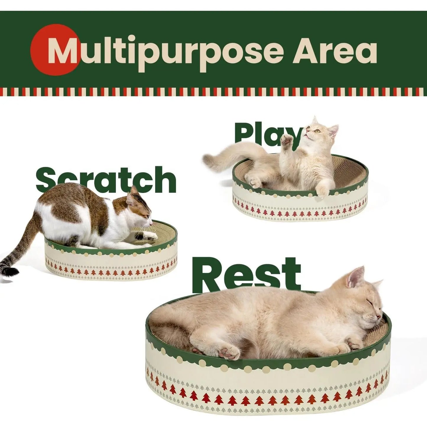 Conlun Cat Scratcher Bed, 2 in 1 Oval Cat Scratching Board Indoor Kitty Scratch Pad Corrugated Cardboard Lounge Bowl Nest Couch Sofas Kittens, Includes Cat Toy, Christmas