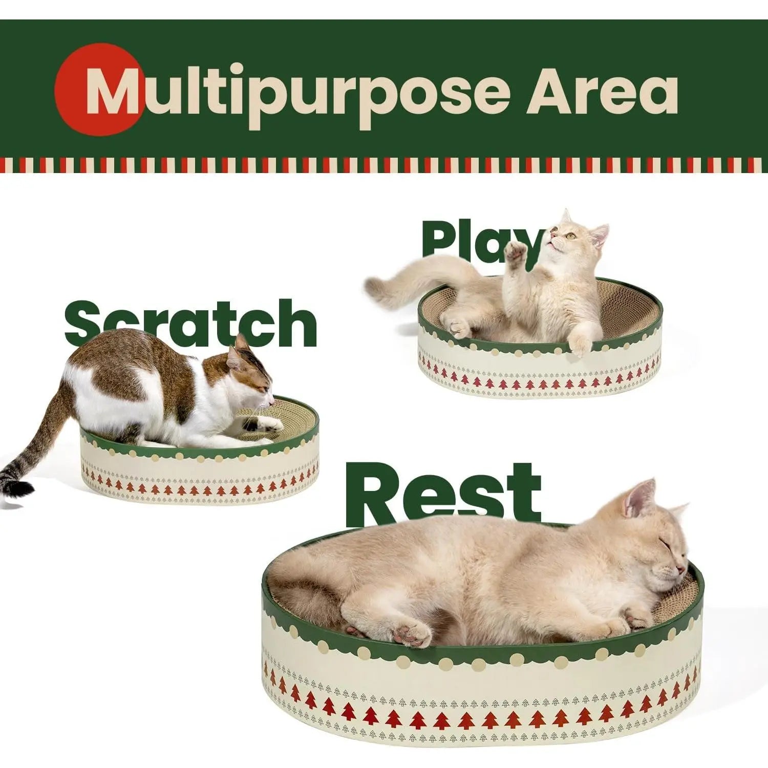 Conlun Cat Scratcher Bed, 2 in 1 Oval Cat Scratching Board Indoor Kitty Scratch Pad Corrugated Cardboard Lounge Bowl Nest Couch Sofas Kittens, Includes Cat Toy, Christmas