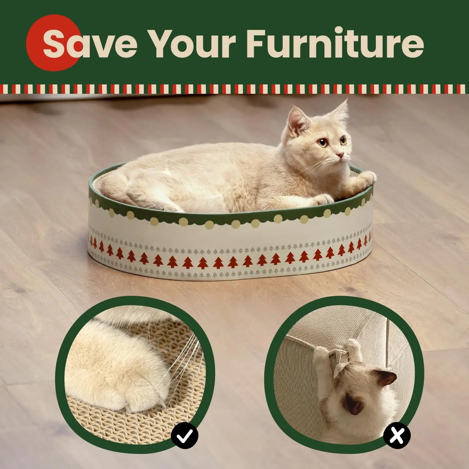 Conlun Cat Scratcher Bed, 2 in 1 Oval Cat Scratching Board Indoor Kitty Scratch Pad Corrugated Cardboard Lounge Bowl Nest Couch Sofas Kittens, Includes Cat Toy, Christmas