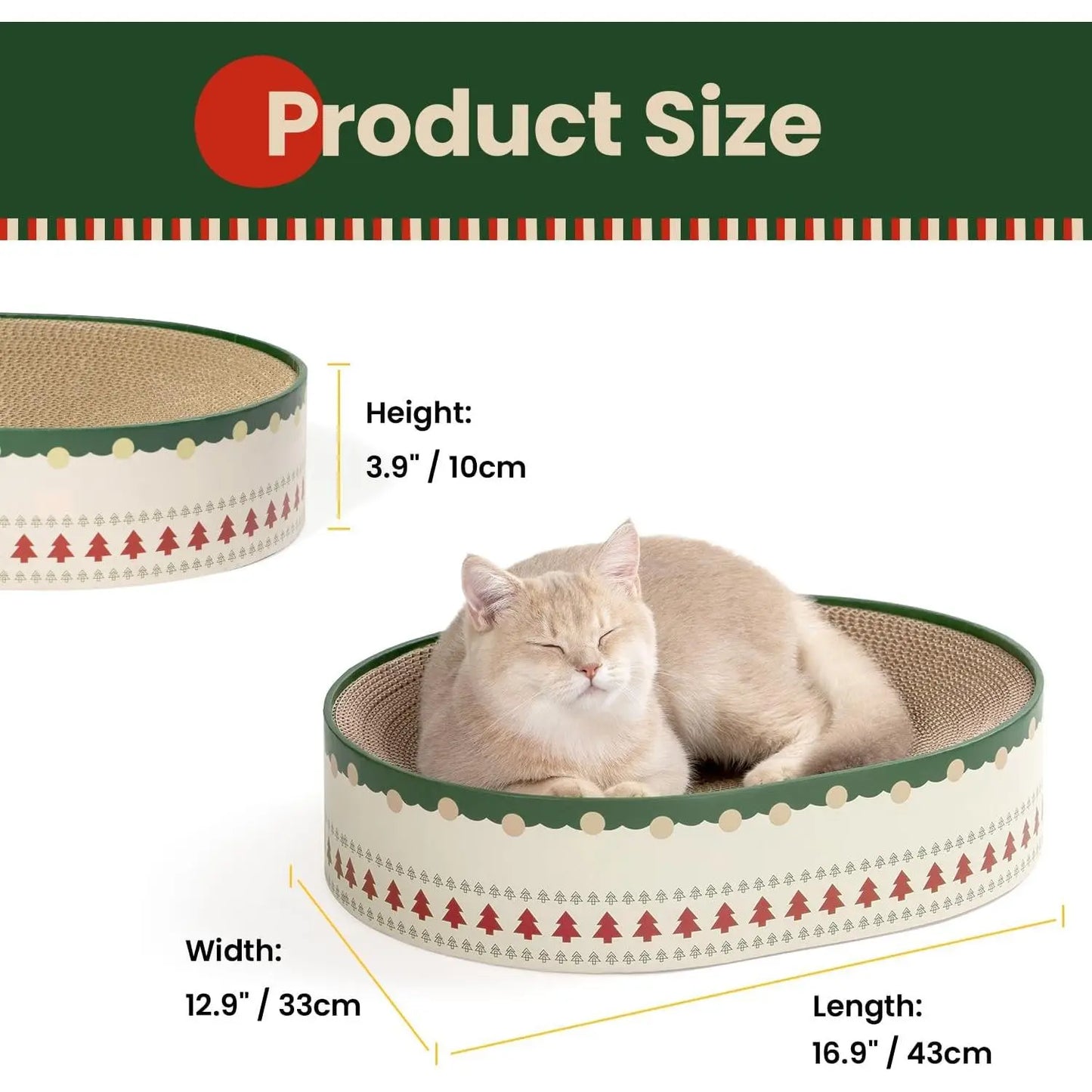 Conlun Cat Scratcher Bed, 2 in 1 Oval Cat Scratching Board Indoor Kitty Scratch Pad Corrugated Cardboard Lounge Bowl Nest Couch Sofas Kittens, Includes Cat Toy, Christmas