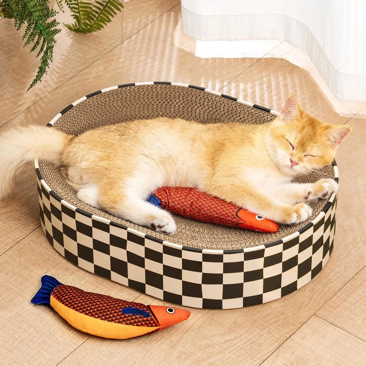 Conlun Cat Scratcher Bed, 2 in 1 Oval Cat Scratching Board Indoor Kitty Scratch Pad Corrugated Cardboard Lounge Bowl Nest Couch Sofas Kittens, Includes Cat Toy, Christmas